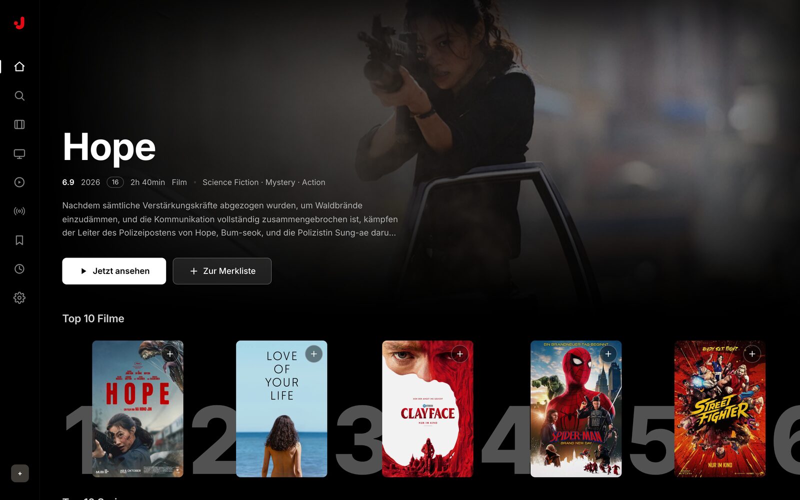 JugoFlix Startseite mit Vorschau und Top 10